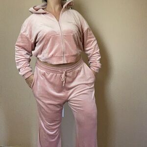 H&M dusty rose pink velour Soft high waist wide leg pant and crop tracksuit set